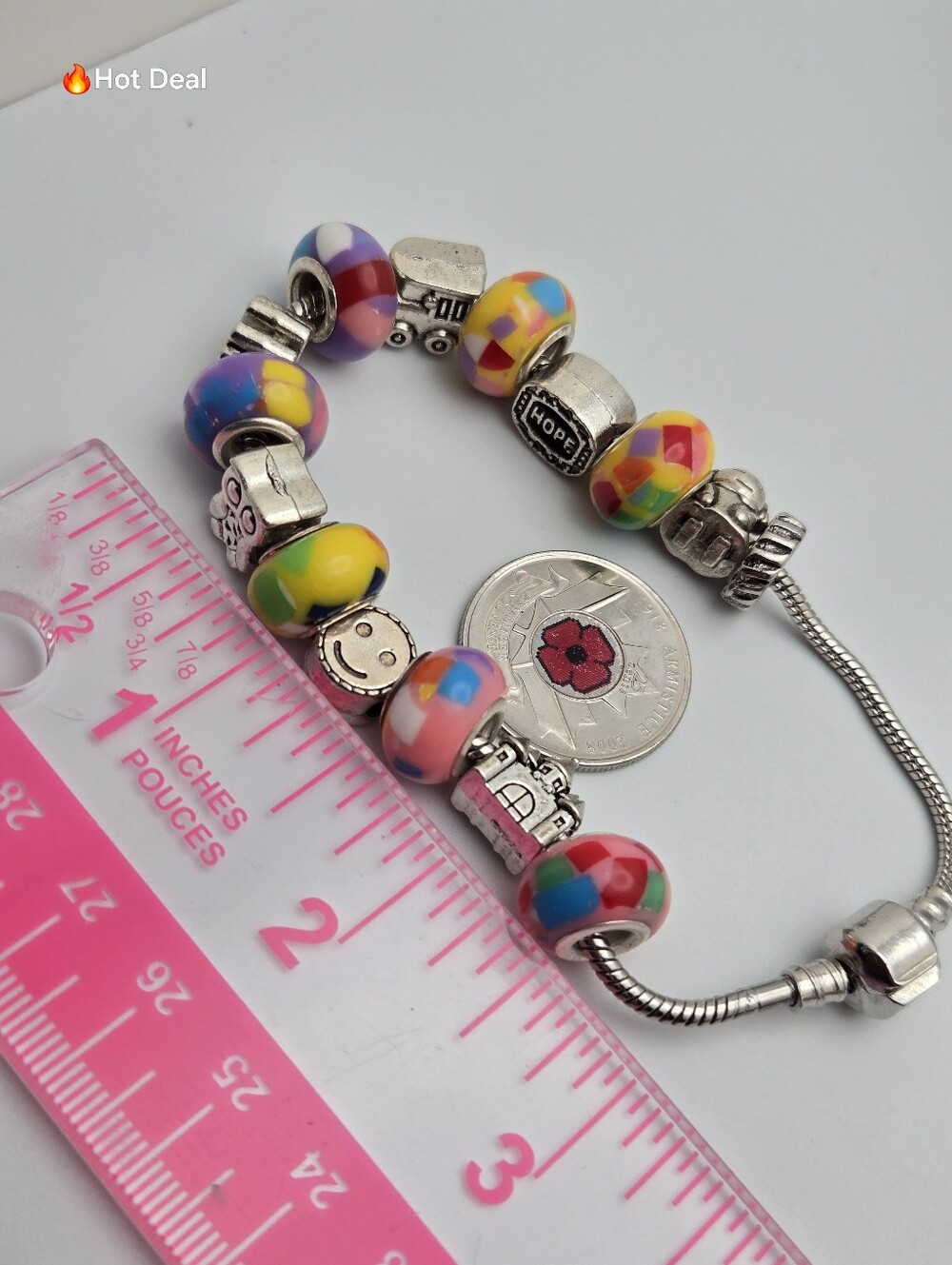 Colorful Charm Bracelet Girl Hope Owl Castle Clover Train 8.5" Pandora Style - Picture 6 of 6